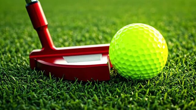 Red golf putter resting near a neon golf ball on green grass