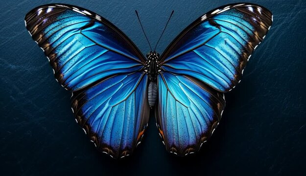 Blue morpho butterfly with iridescent electric blue and turquoise wings spread open