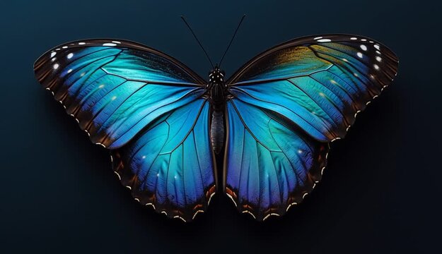 Blue morpho butterfly with iridescent electric blue and turquoise wings spread open