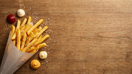 Crispy French Fries in Paper Cone with Ketchup and Mayonnaise Dips
