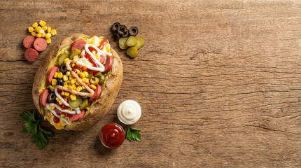 Turkish Kumpir Baked Potato Stuffed with Sausage Corn Olives and Sauces