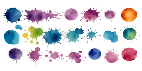Collection of colorful abstract watercolor splashes and ink blot splatters showing grunge drops, stains, and blobs on white with dynamic artistic flow and texture