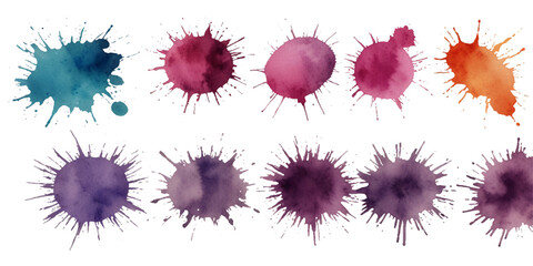 Collection of colorful abstract watercolor splashes and ink blot splatters showing grunge drops, stains, and blobs on white with dynamic artistic flow and texture