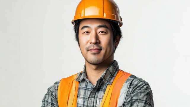Construction worker stands with arms crossed while wearing a helmet and safety vest in a work environment indoors