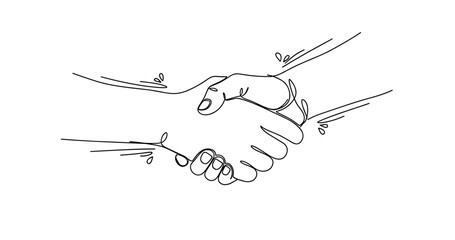 Single-line art of a handshake symbolizing agreement and partnership. No editable strokes