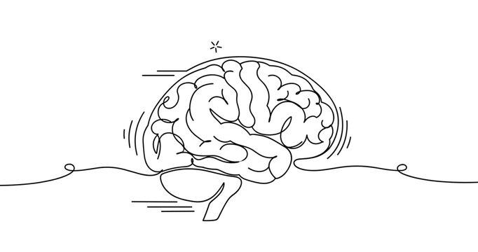 Minimalist line drawing of a human brain with dynamic motion accents. No editable strokes