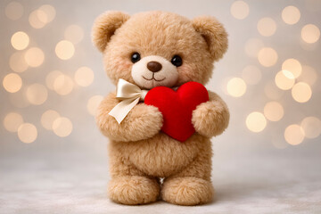 Obraz premium Cute plush teddy bear standing and holding red heart on soft bokeh background