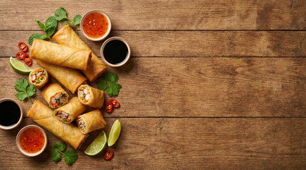Crispy Fried Spring Rolls with Sweet Chili and Soy Sauce on Wood