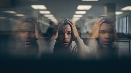 Stressed man in office with hands on head experiencing burnout and mental exhaustion
