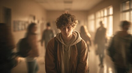 A sad teenage boy with curly hair walks alone in a blurry school hallway, surrounded by other students, symbolizing loneliness, depression, and social anxiety.