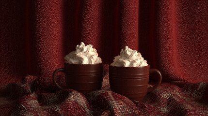 Cozy Hot Chocolate Cups with Whipped Cream and Tweed Texture on Cinematic Red Curtain Background
