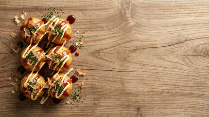 Japanese Takoyaki Octopus Balls with Mayo and Bonito Flakes on Rustic Wood