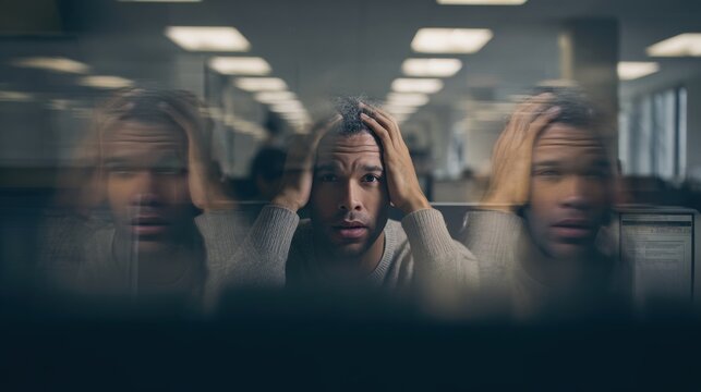 Stressed man in office with hands on head experiencing burnout and mental exhaustion