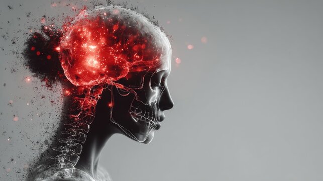 Exploding red brain inside human head symbolizing migraine, headache, and mental pain