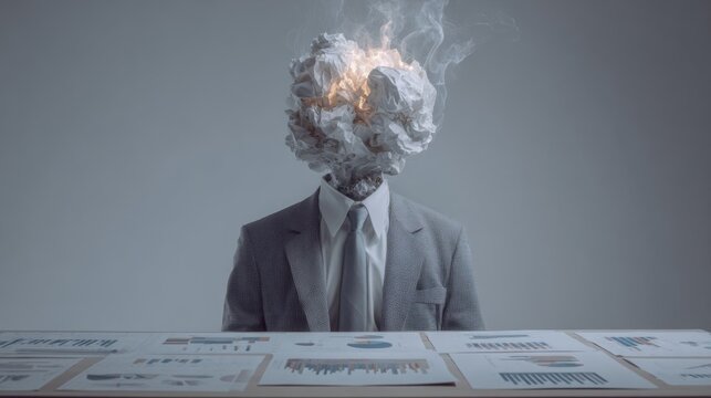Businessman with exploding paper head symbolizing burnout and information overload