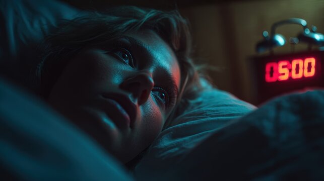 Woman suffering from insomnia lying awake in bed at 5 a.m. with glowing red alarm clock