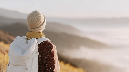Person wearing a beanie and backpack stands with their back to the camera looking at a misty valley in morning light, a contemplative travel shot.