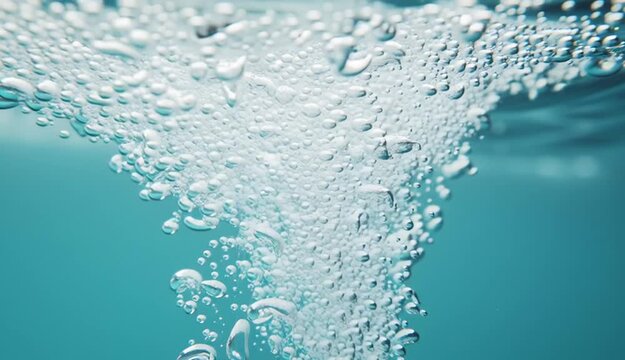 White effervescent tablet dissolving underwater in clear turquoise blue water, creating streams of bubbles rising upward