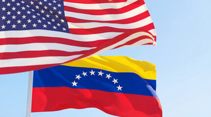United States and Venezuela Flags Waving Side by Side Against a Clear Blue Sky