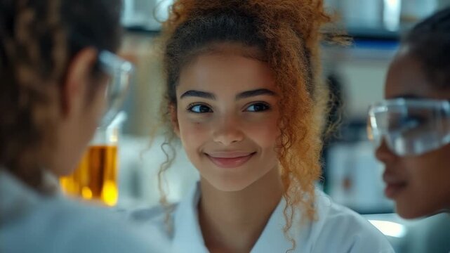 Group of students conduct experiments in a science lab during a school project on a weekday afternoon