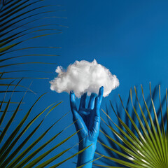 Hand holds white cloud against blue background with green leaves in the scene highlighting art and creativity
