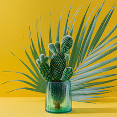 Unique cactus arrangement with green palm leaves against a bright yellow background in a well-lit space