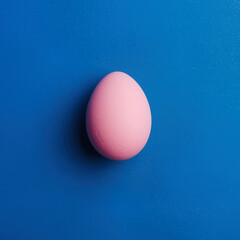 Pink egg on blue background in a still life composition with simple shapes and colors