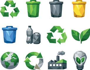 Recycling Vector Icon Grid. Recycling Low-Poly Vector Icon Set, waste sorting, recycle bins, eco leaves, circular economy.