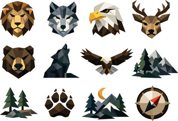 Wildlife Icon Grid. A professional low-poly vector icon set dedicated to wild animals and nature symbolism, featuring lion, wolf,