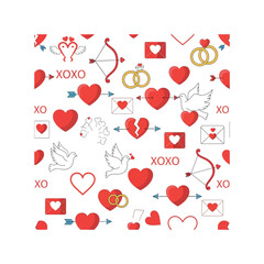 Valentine's Day symbols and icons fill the frame with hearts and love-related graphics.