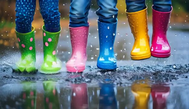 Close-up of children colorful rain boots jumping in puddles, green boots with pink polka dots, yellow boots, blue boots, pink boots, and red boots in a row