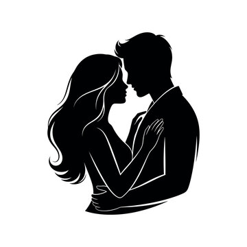 Couple embracing tenderly, silhouetted against a white background, illustration, intimate moment, close-up view