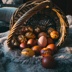 Decorative eggs in a woven basket on a soft surface during natural light in a cozy indoor setting