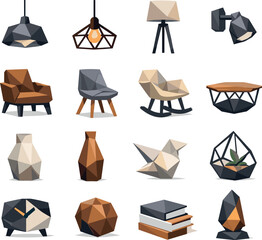 Low-Poly Interior Icons. Interior styling and furniture concepts illustrated through a low-poly vector icon set of loft lamps,