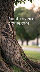 Strong gnarled tree trunk with quote on resilience and growth