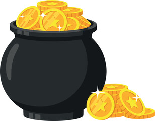 Black cauldron filled with gold coins isolated on white background