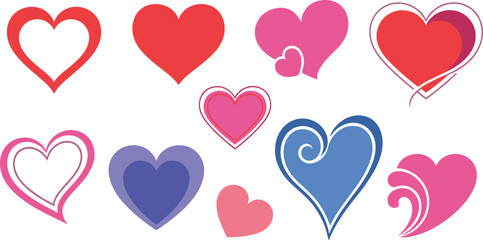 Collection of colorful heart shapes in various styles and sizes isolated on white background