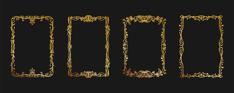 A4 gold frame, gold engraved frame with a decorative pattern. Vector frame template for printing. Floral ornament, flowers and leaves, curls and vignettes, heraldry. Wedding, certificate, label.