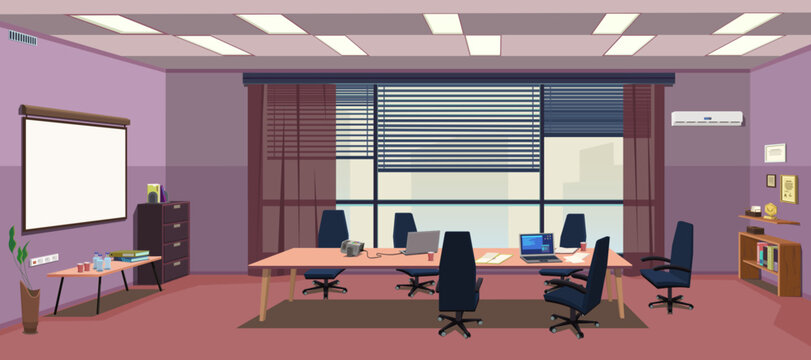 Office space, conference room, meeting room. Office work environment, wall-mounted projector with screen, furniture: cabinets, shelves, tables, armchairs, books, folders. Vector cartoon illustration