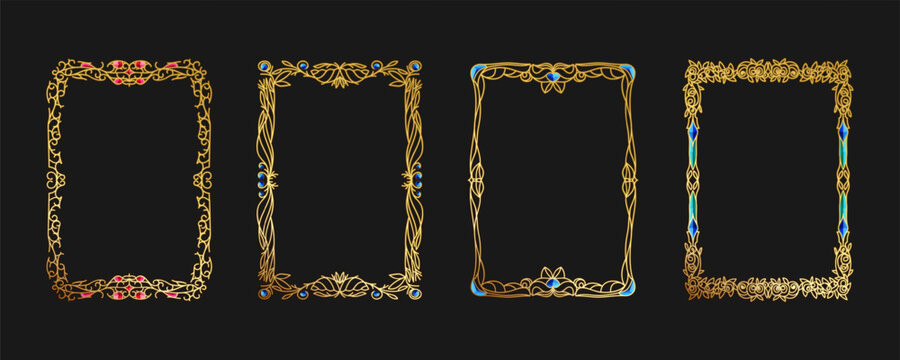 A set of A4 gold frames, engraved gold handles inlaid with gemstones. Vector frame template with decorative pattern. Ornamental border, jewelry, heraldry, decoration, printout, abstract art, isolated.