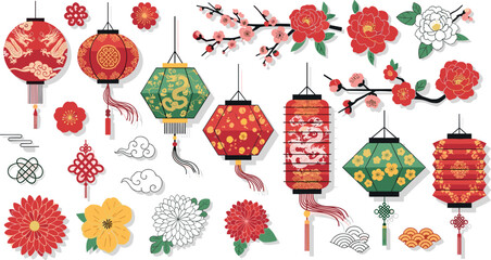 Colorful chinese lanterns and flowers isolated on white background for decoration