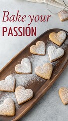 Heart Shaped Cookies Arranged on a Wooden Tray to Inspire Baking with Passion