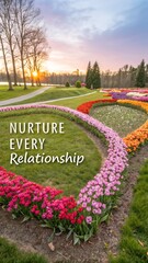 Beautiful garden scene with flowers arranged in a heart shape to nurture every relationship