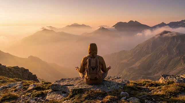 a person sitting on a cliff overlooking a misty mountain landscape, dramatic lighting, serene atmosphere