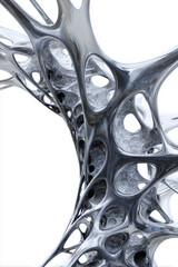 Futuristic Smooth Chrome Shapes with Organic Bone-Like Structures Overgrown with Fur on White Background