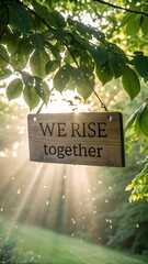 Wooden Sign with Motivational Message We Rise Together Amongst Green Leaves
