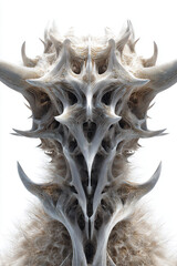 Futuristic Smooth Chrome Shapes with Organic Bone-Like Structures Overgrown with Fur on White Background