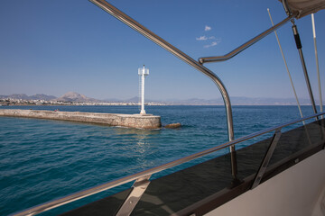 Passing through the Corinth Canal by yacht, Greece. 