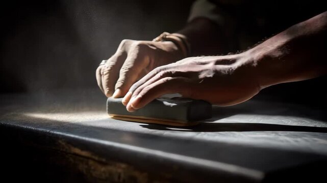 Medium shot of hands sanding a metal surface to remove oxide layers showcasing precision and detail in surface preparation for oxidation control.