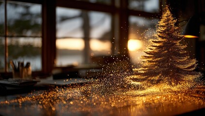 Inside, golden confetti falls onto the table as silhouettes of people celebrate by a window bathed in sunlight; colleagues are jubilant during an office party or corporate gathering, exuding